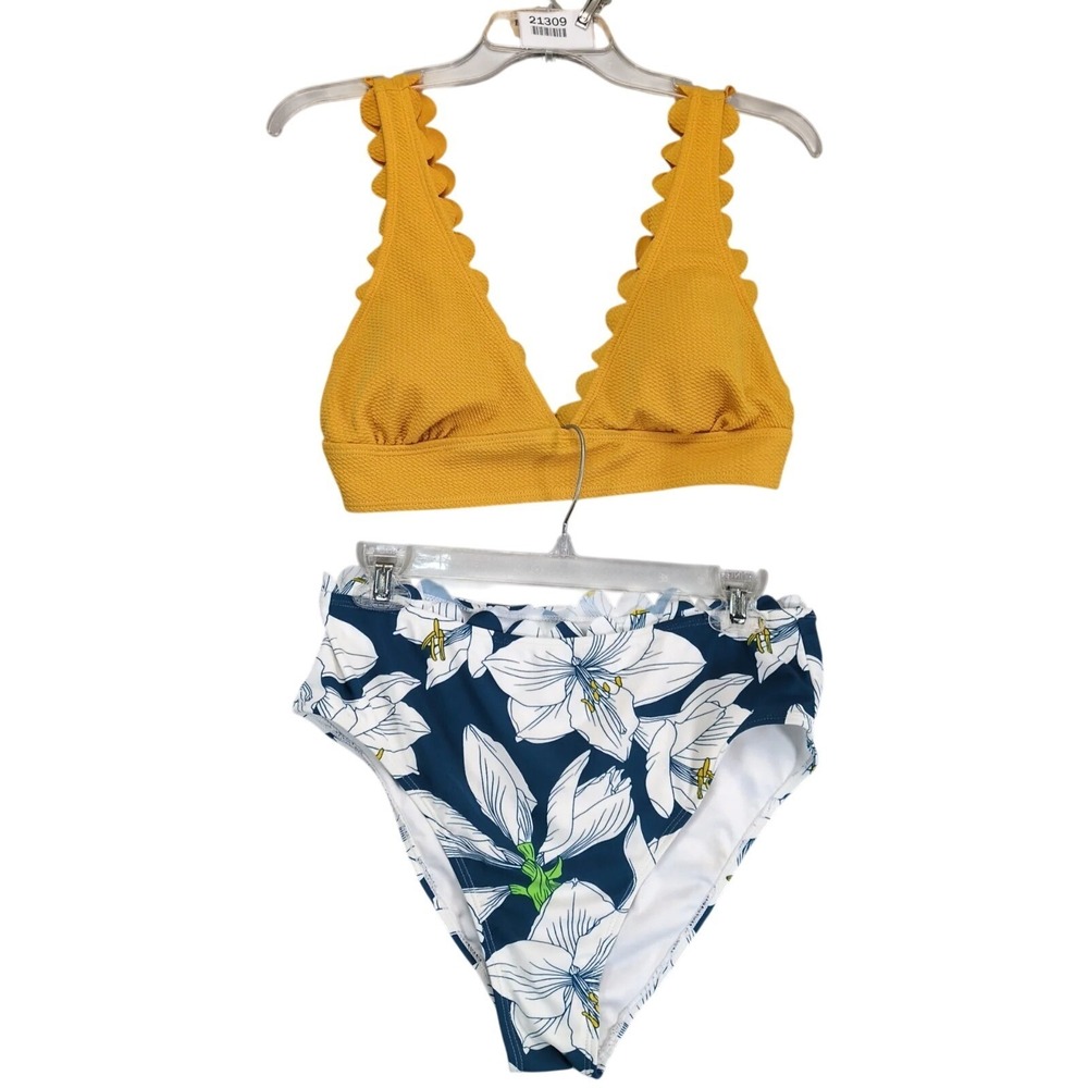 Women's L Bikini Set Yellow Scallop Trim Blue Floral High Cut Swim Unbranded EUC